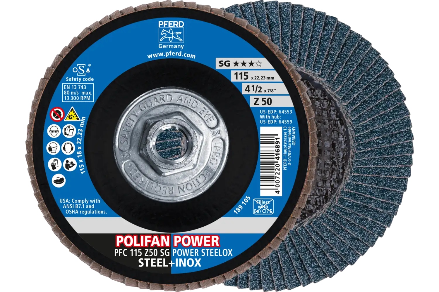 Picture of Pferd Flap Disc, 4-1/2" x 5/8-11, Z SG Power Steelox, 50 Grit, T29, Conical, Zirconia